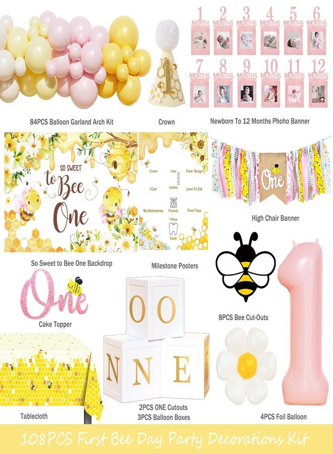 Fiesec First Bee Day Decorations Girl - 108PCs Honey Bee Themed 1st Birthday Party Supplies with So Sweet to Bee One Backdrop, Banner, Pink Yellow Balloon Garland Kit, Tablecloth - Image 2